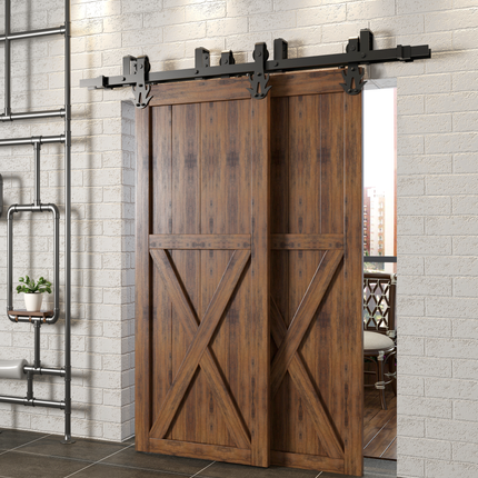 Double Track U-Shape Bypass Sliding Barn Door Hardware Kit - Flame Design Roller