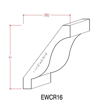 EWCR16 Crown 1-1/16" x 6-3/16" Unfinished 5" High x 3-5/8" Deep